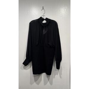 H&M Black Short Dress Womens Size Medium‎ Balloon Sleeve Sheer Stand Up Collar